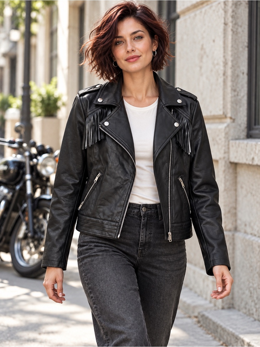 CoffeeShop Black Fringe Faux Leather Moto Jacket M NWT